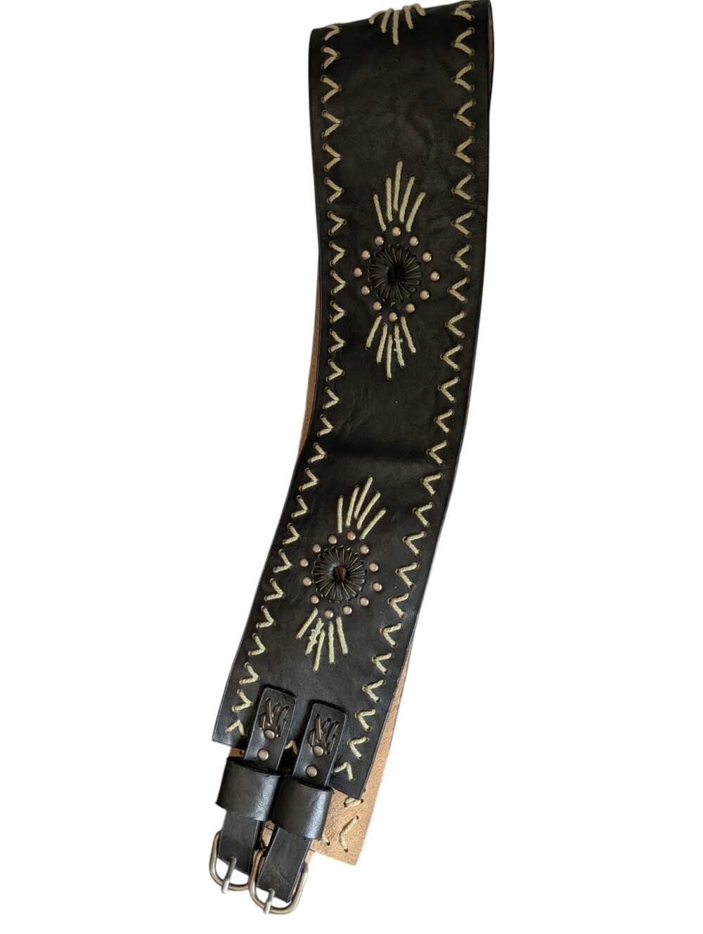 Steve Madden Brown Leather Belt M Ivory Stitching Double Buckle Boho Western
